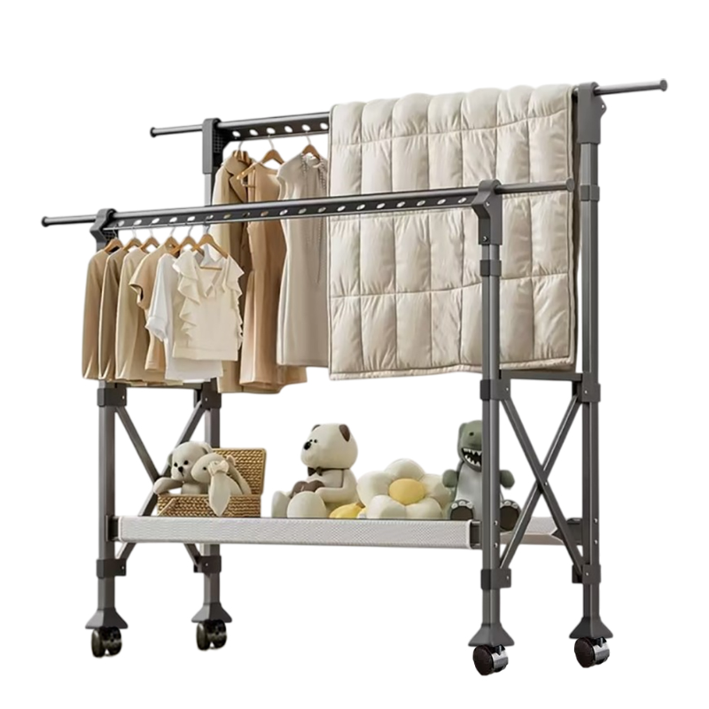 三段式雙桿摺疊伸縮曬衣架｜附輪